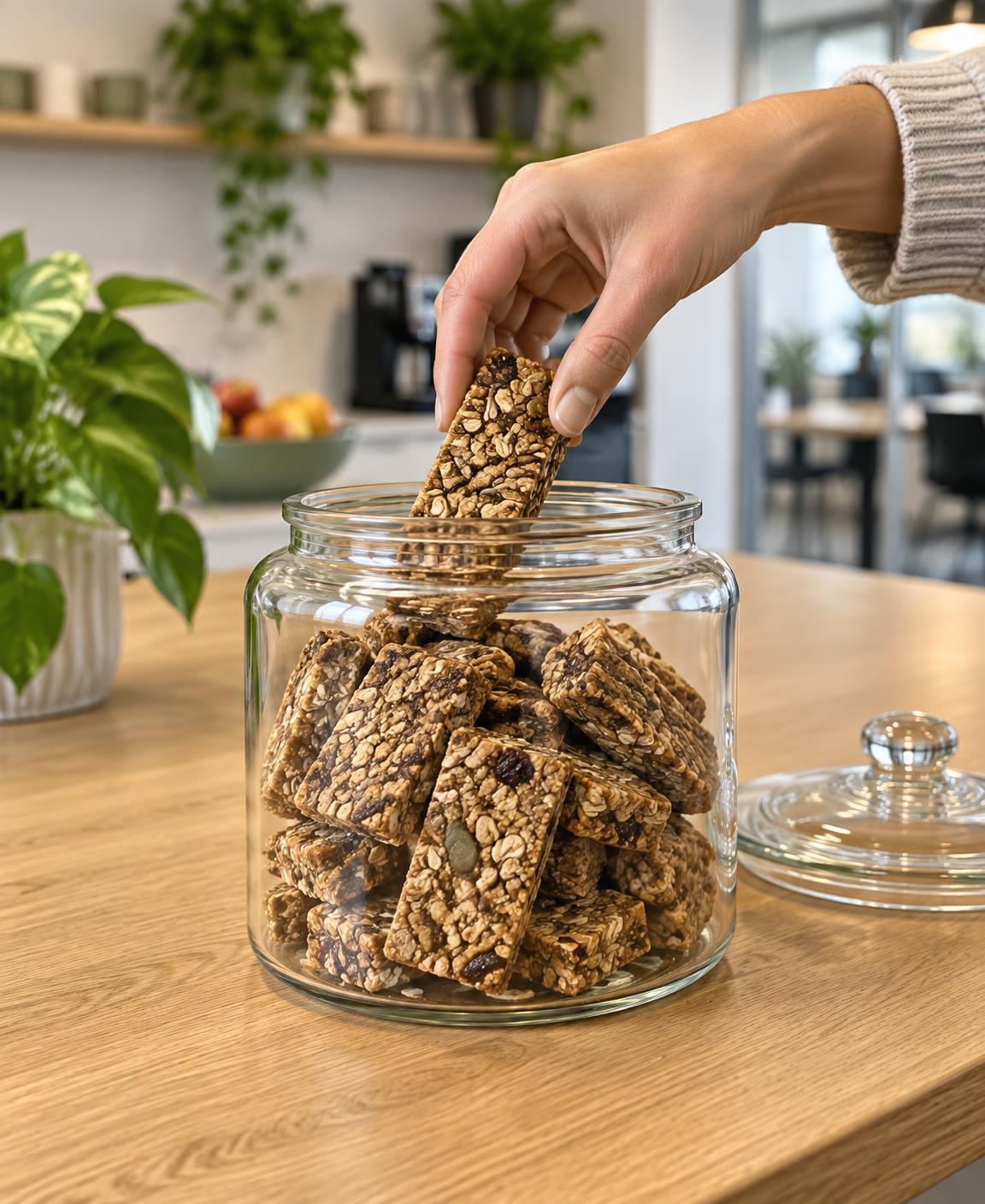 Collega pakt een geredde koekreep uit de glazen koektrommel op kantoor